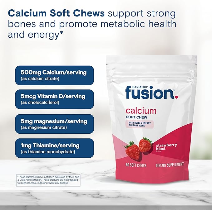 Bariatric Fusion Bariatric Calcium Chews | Calcium Citrate with Vitamin D3 Calcium Supplement Bariatric Vitamin | Sugar Free Calcium Citrate Chewable | Calcium Citrate 500mg | Strawberry | 60 Count