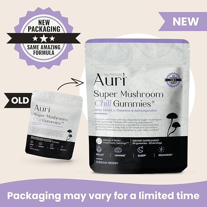 Auri Super Mushroom Chill Gummies - Natural Calming Aid & Stress Reduction Supplement for Adults w/Reishi Mushroom, Ashwagandha, L-Theanine - Unwind Mind & Harmonize Your Day - 60 Calm Gummies