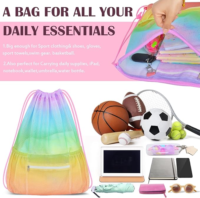 Mesh Drawstring Backpack, Large Sports Gym Bag for Women Kids with Pocket and Zipper Sackpack for Beach Yoga Football Soccer (Colorful)