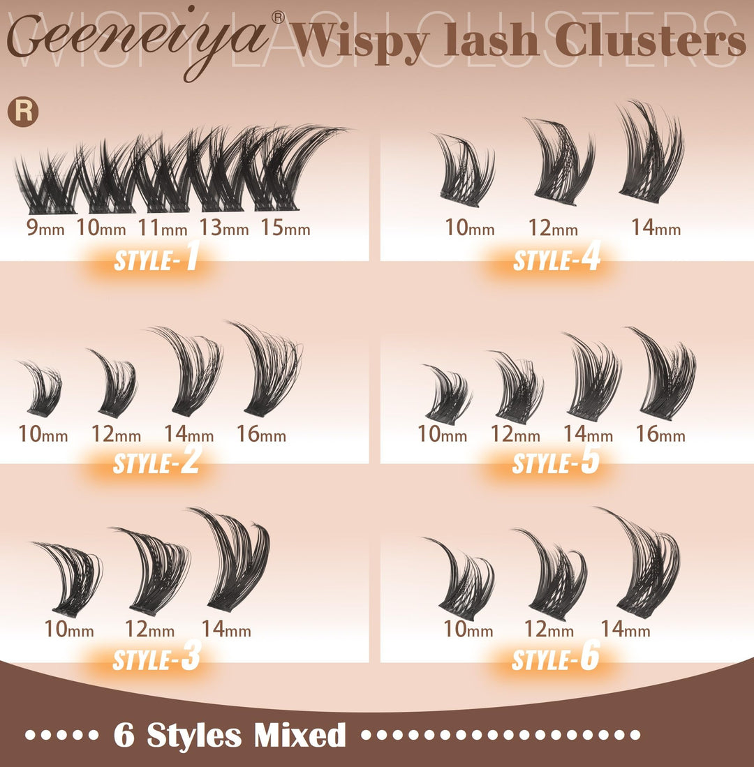 Geeneiya Wispy Lash Clusters 6 Styles Eyelash Clusters Natural Cluster Eyelash Extensions D Curl Individual Lashes 9-16mm DIY Lash Extension for Beginners(Wispy/Manga/Cat Eye/Natural/Spiky/Cross)