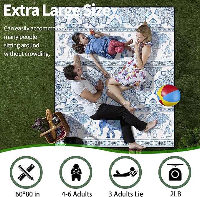 Picnic Blankets 60x80 Portable Family Roll Up Couple Blanket Sand Mats for Beach Fold Up Car Stadium Yoga Matt Lightweight Backpack Blanket Dog Car Seat Cover European Travel Hiking Essential