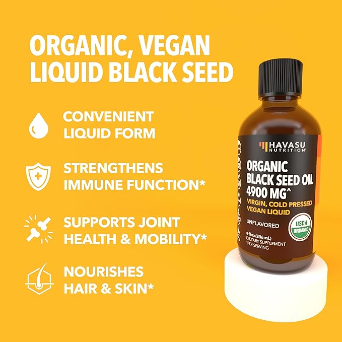 Organic Black Seed Oil Cold Pressed Liquid - 4900mg Black Cumin Supplement for Immune System Function, Digestive Support, Hair Nourishment & Overall Health - 8 Fl Oz - Unflavored, Non-GMO, Vegan