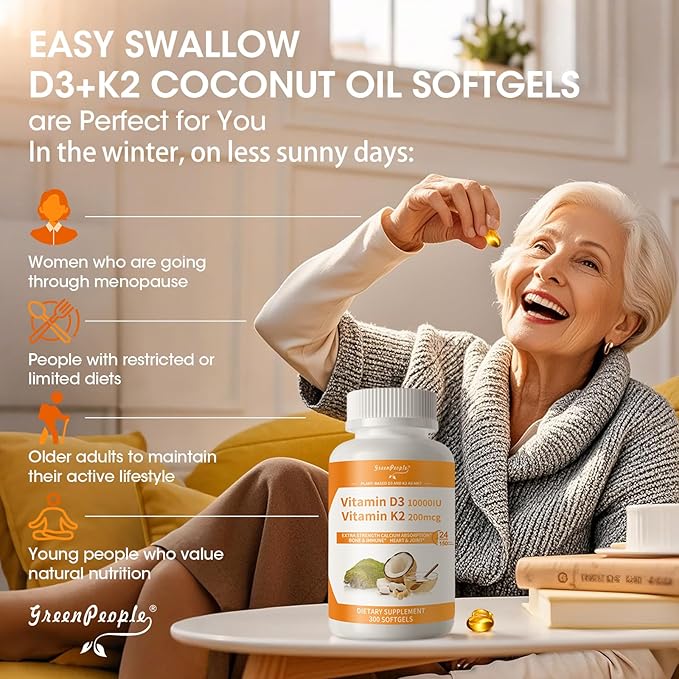 Vitamin D3 10,000 IU + K2 (MK-7) 200mcg w/Coconut Oil Softgels | 300-Count 2-in-1 Vegan vitamina d3 con k2 for Bone Health & Immune Support |Enhanced Absorption, Non-GMO, Easy to Swallow