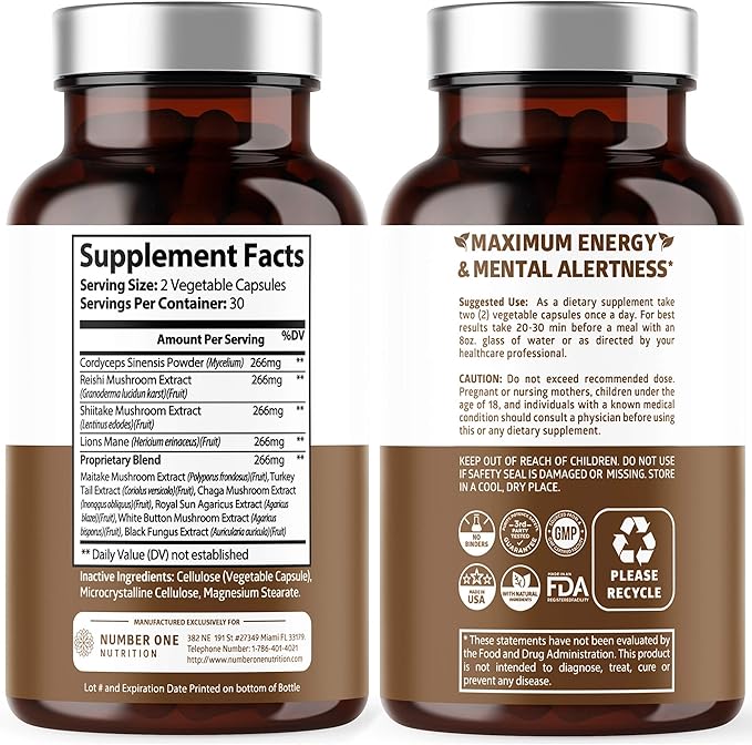 N1N Premium Mushroom Complex [10X Powerful Mushrooms] with Reishi, Lions Mane, Cordyceps, Chaga, Turkey Tail and Maitake to Support Health, Brain Functions and Energy Levels, 60 Veg Caps