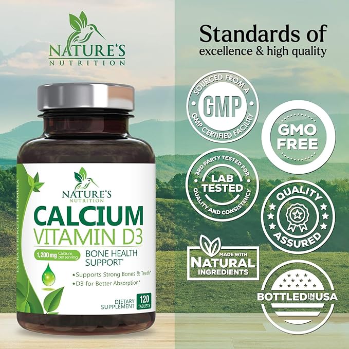 Calcium Supplement with Vitamin D - 1200 mg Calcium Carbonate with 1600 IU of D3 Vitamins - Supports Bone Strength, Teeth & Immune System - Natural & Easily Absorbable for Women & Men - 120 Tablets