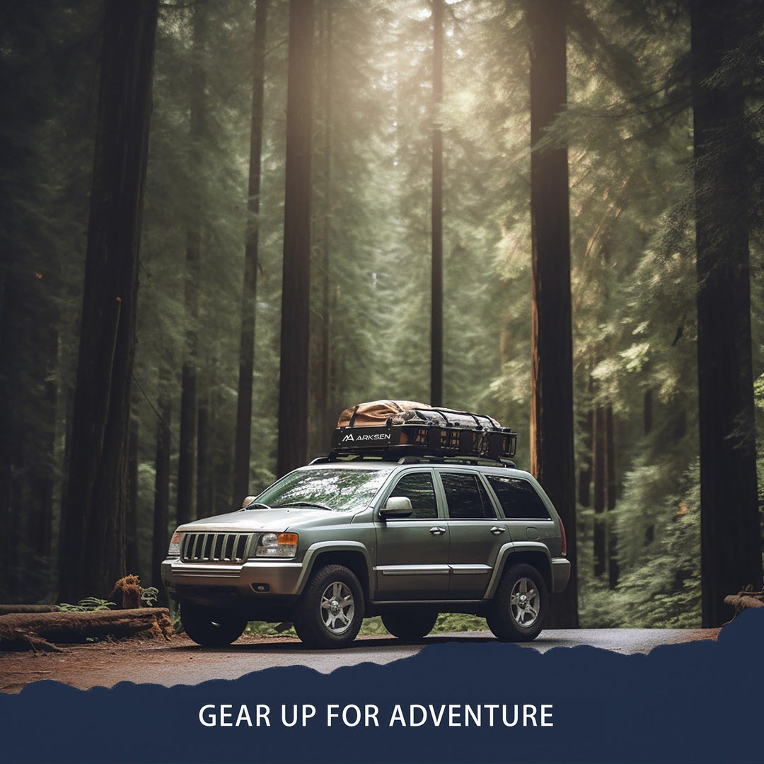 ARKSEN Roof Rack Skinny Cargo Carrier with Basket & Net, Heavy Duty Weather Resistant Top Mount Cargo Rack, Luggage & Camping Gear Storage for Car, Truck or SUV Transport