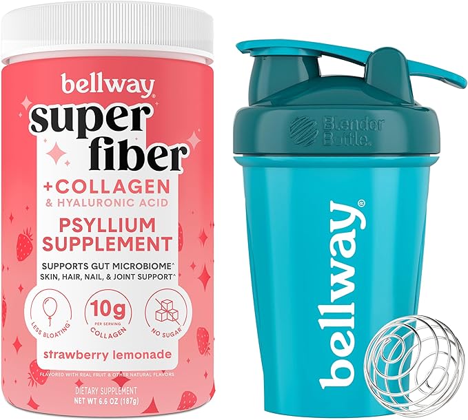 Bellway Super Fiber Powder + Collagen, Strawberry Lemonade Shaker Bottle Bundle