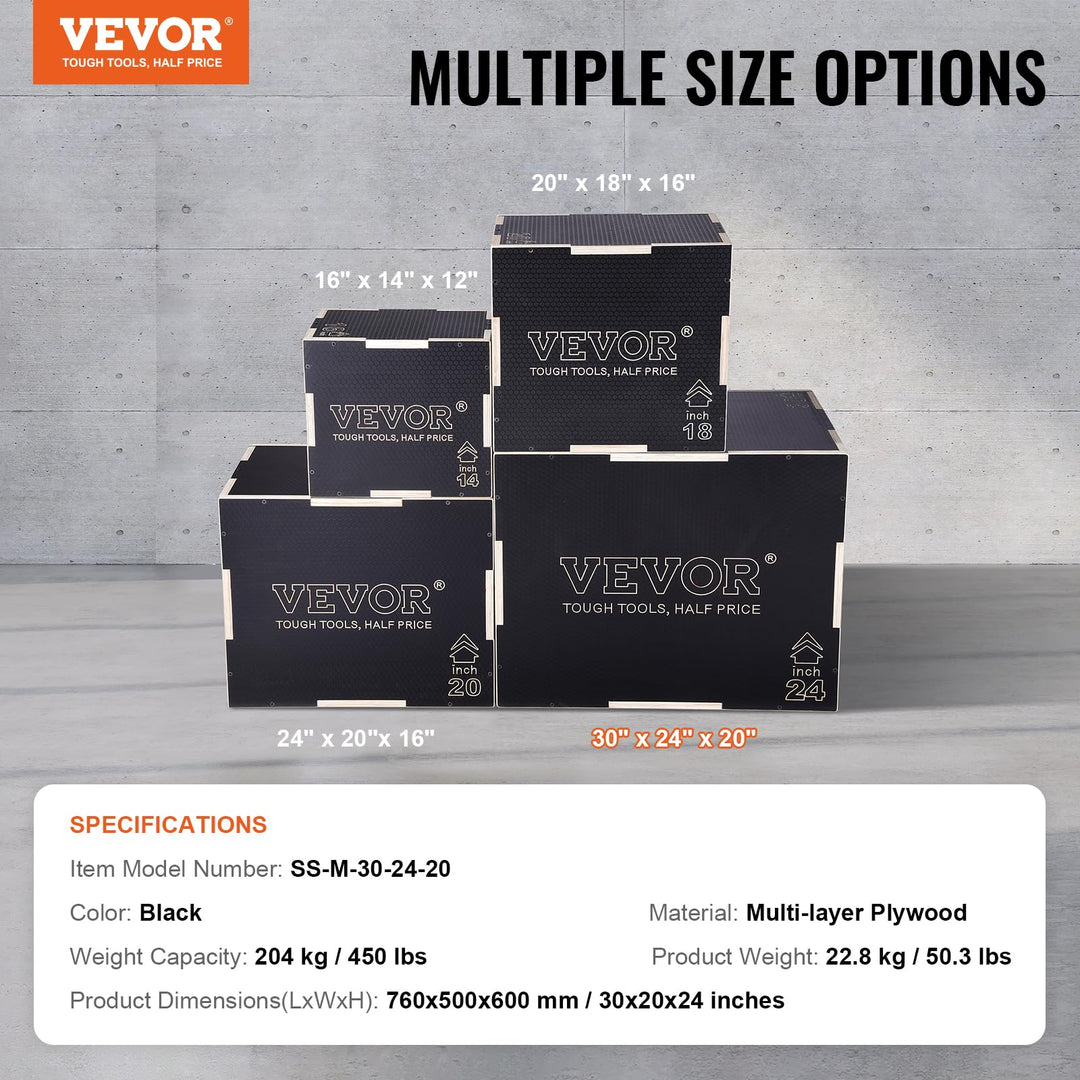 VEVOR 3 in 1 Plyometric Jump Box, Easy-to-Assemble Wood Plyo Box for Jumping Trainers, Home Gym Training and Conditioning, 30" x 24" x 20"