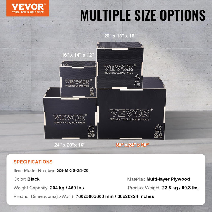 VEVOR 3 in 1 Plyometric Jump Box, Easy-to-Assemble Wood Plyo Box for Jumping Trainers, Home Gym Training and Conditioning, 30" x 24" x 20"