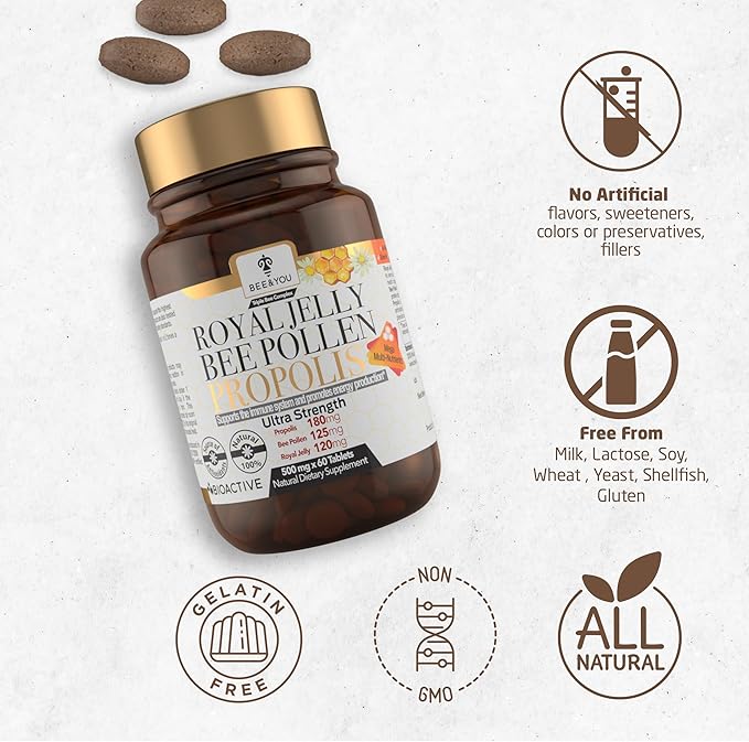 Bee and You Royal Jelly Tablet, Propolis Extract, Bee Pollen, 100% Natural Superfood, Ultra Pure, Immune Support Supplement, Improve Energy, Focus, Antioxidants, Fresh, Keto, Paleo, Gluten-Free | 60ct
