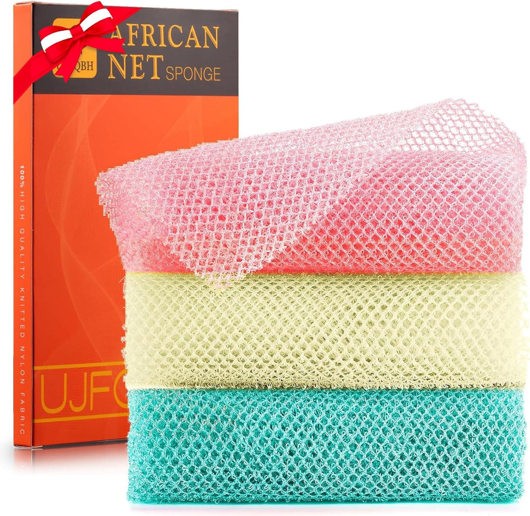 3-Piece African Net Bath Sponge Set | Exfoliating Body Scrubber | Blue