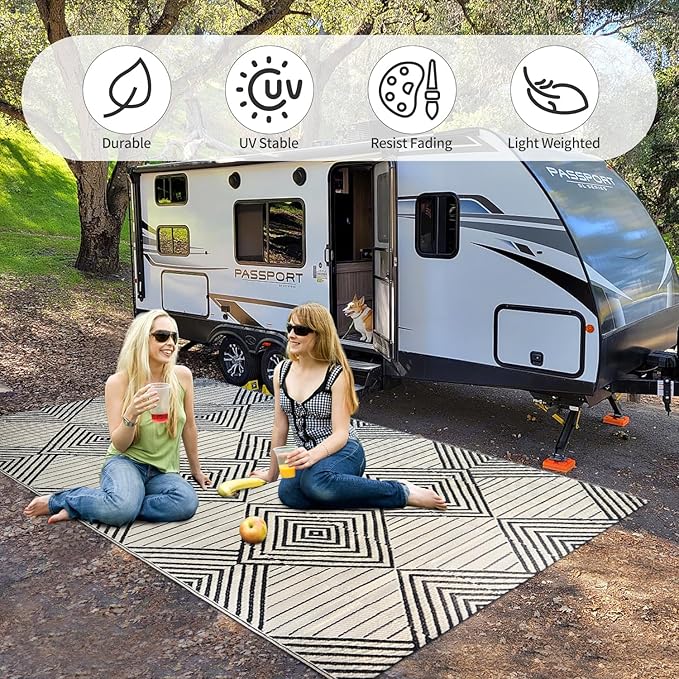 Waterproof Outdoor Rug 5x8ft, Foldable Reversible Plastic Straw Mat for Patio RV Deck Porch Backyard Balcony Camping Picnic Beach Indoor Outdoor Carpet, Black&Beige