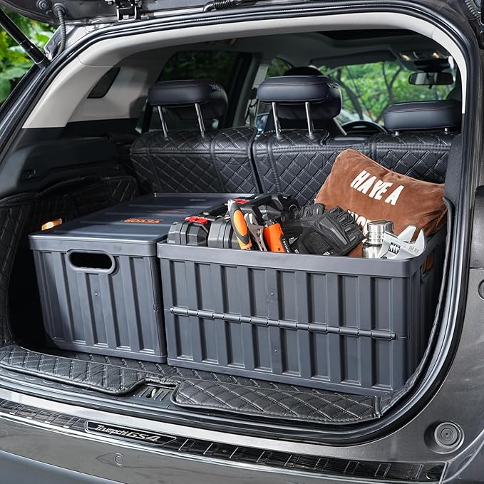 VEVOR 65L Collapsible Storage Bins with Lids 3 Packs, Stackable Utility Crates with Handles, Large Folding Containers for Organizing Tools, Books, Food, Drinks, Camping&Transport