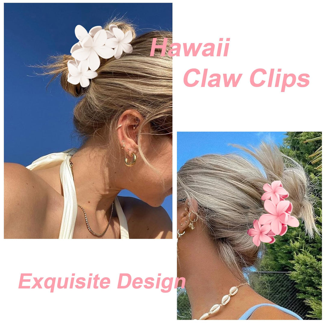 ANBALA Flower Claw Hawaiian Hair Clip, 4PCS Large Plumeria Hair Clips for Women, Non-Slip Strong Hold Clips for Thick Hair, Beach Hair Accessories (Pink, Gradient White, Dark Pink)