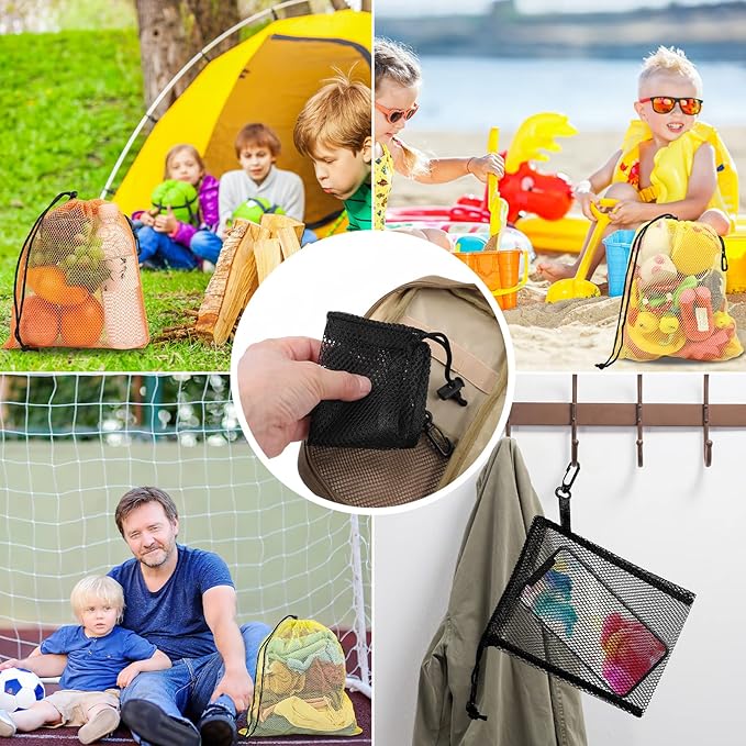 iMucci 12 Pieces 6 color Mesh Drawstring Bag with Clips, Nylon Drawstring Bags Pocket Foldable Beach Bag with Cord Lock for Swimming Collecting Toys Laundry Sports Gym Beach Travel