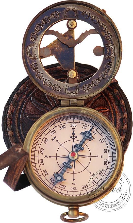 MAI Brass Sundial Compass Beautiful Gift Item with Leather Case - Sun Clock - Steampunk Accessory – Nautical Gift – Wedding Gifts for Him – Sundial Watch