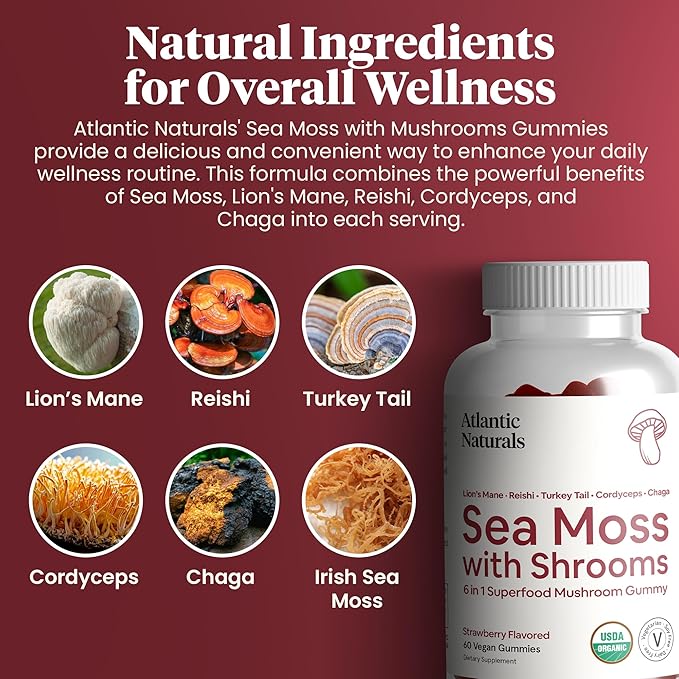 Atlantic Naturals Sea Moss with Shrooms - Mushroom Gummies Supplement - Organic Superfood with Irish Moss, Lion's Mane, Reishi, Cordyceps, Chaga & Turkey Tail - Focus, Energy, Immune Health - 60 ct