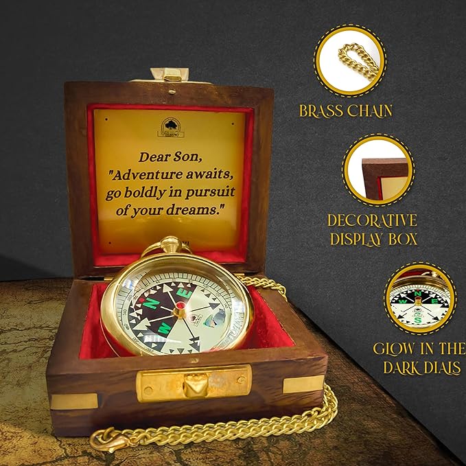 The Dream Chaser Compass in Wooden Box - 2025 Graduation Gifts for Him, College, High School, Birthday Gift Idea for Son, Boys, Daughter - Greeting Card Included, Inspirational, Motivational Present