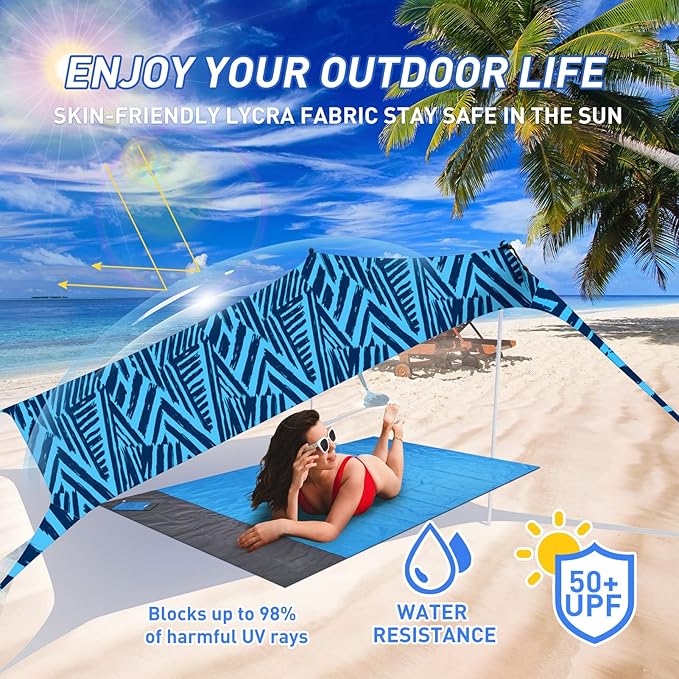 Beach Tent Pop Up Sun Shade Canopy Sun Shelter UPF50+ with 4 Stability Poles/Carry Bag/Ground Pegs/Sand Shovel/Windproof Ropes Portable Outdoor Family Sunshade for Beach Camping Fishing Picnic