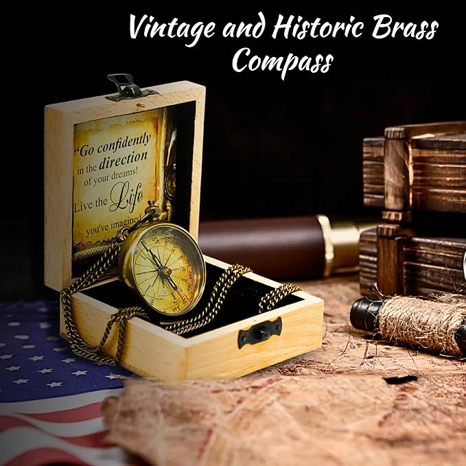 Antique Pocket Compass with Wooden Box for Gift on Birthday Compass Engraved with Inspirational Quotes, Brown Gift for Birthday Anniversary