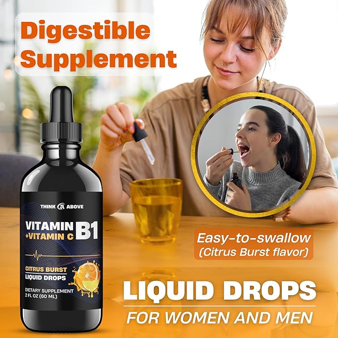 Vitamin B1 + Vitamin C Liquid Drops - Energy & Immune Support Supplement - 2 fl oz (60 ml) Pack of 2 - Fast Absorption, Easy-to-Use