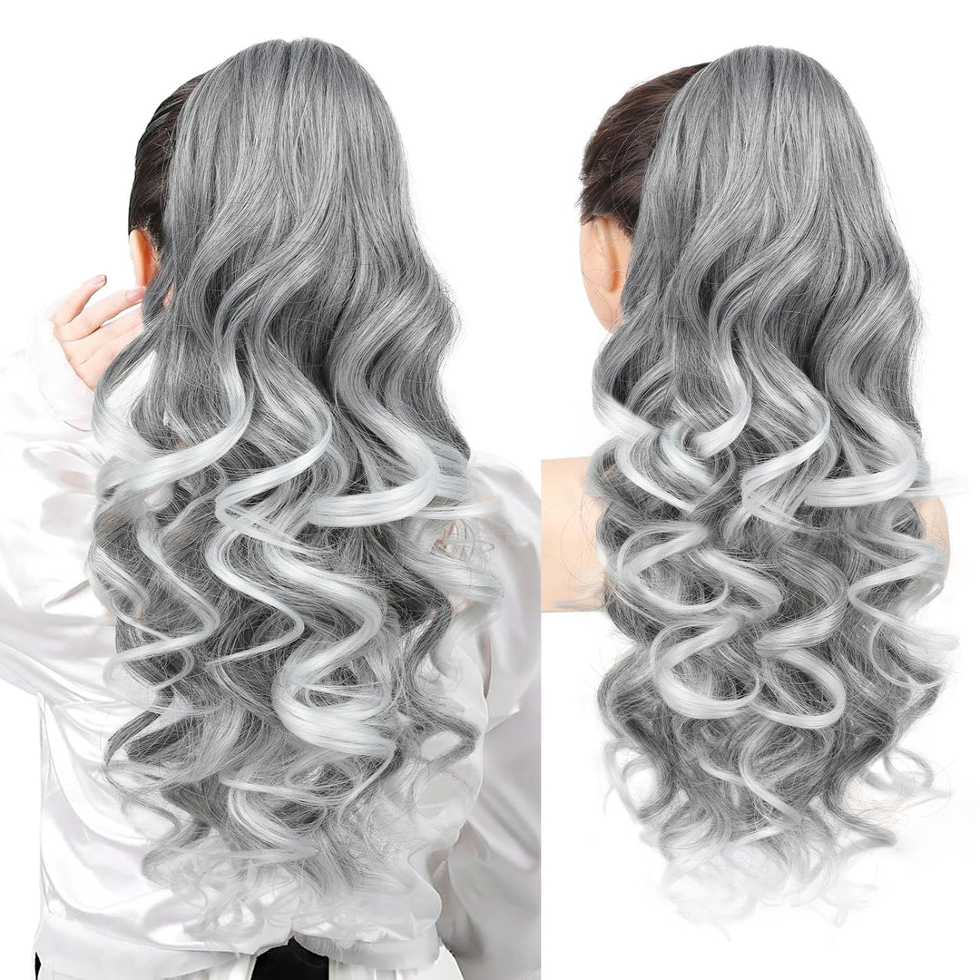 REECHO Ponytail Extension, 24" Claw Clip in Long Curly Wavy Ponytail Hair Extension Jaw Clip on Pony Tails Hairpiece for Women - Grey with White Ends