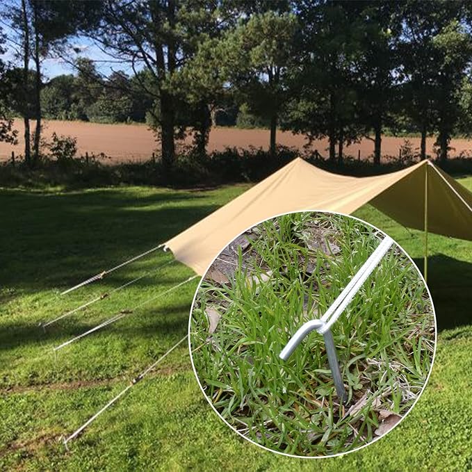 AAGUT 50 Pack Inflatable Stakes and Tethers, 9" Metal Camping Tent Stakes, Galvanized Garden Edging Fence Hooks, Ground Stakes for Trap and Christmas Decorations, Canopy Pegs with and Ties and T Hook