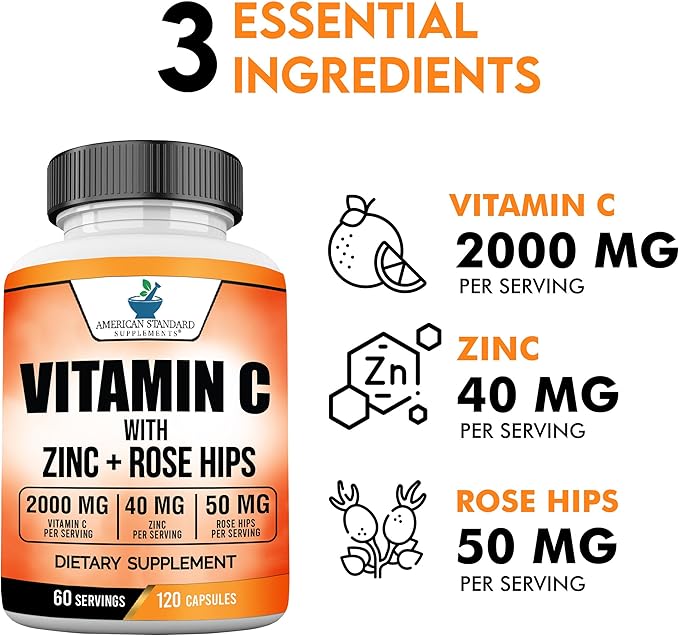 American Standard Supplements Vitamin C 2000mg, Zinc 40mg, and Rose HIPS 50mg Per Serving – Vegan, Gluten Free, Non-GMO (120 Count)