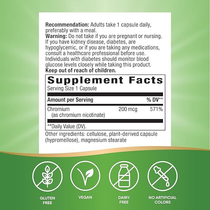 Nature's Way GTF Chromium, Glucose Tolerance Factor, Supports Healthy Glucose Metabolism*, 200 mcg Chromium per Serving, 100 Vegan Capsules (Packaging May Vary)