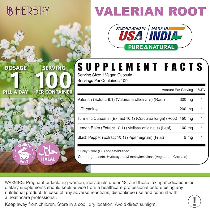 5in1 Valerian Root Capsules Plus L-Theanine, Lemon Balm, Turmeric and Black Pepper for Relaxation, Restful Night, Digestion & Immune Support - 100 Count