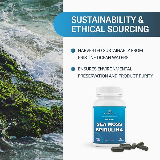 Organic Sea Moss Spirulina, 90 Capsules, 100% Organic Sea Moss Spirulina, Strength & Endurance- High Potency Sea Moss Supplement, Made in USA, Superfood Capsules for Men & Women, Vegan