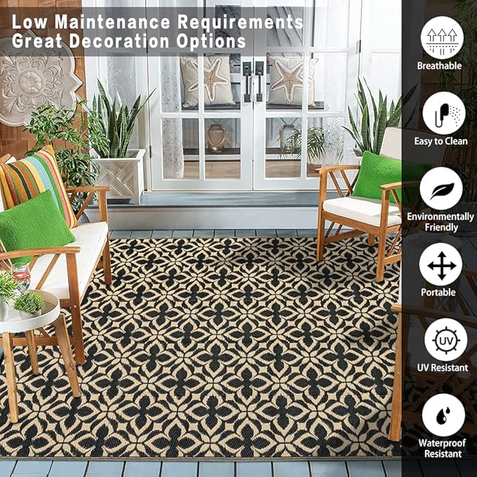 Outdoor Rug for Patios Clearance,Waterproof Mat,Large Outside Carpet,Reversible Plastic Straw Camping Rugs,Rv,Porch,Deck,Camper,Balcony,Backyard (5x8,Clover A/Black&Beige)