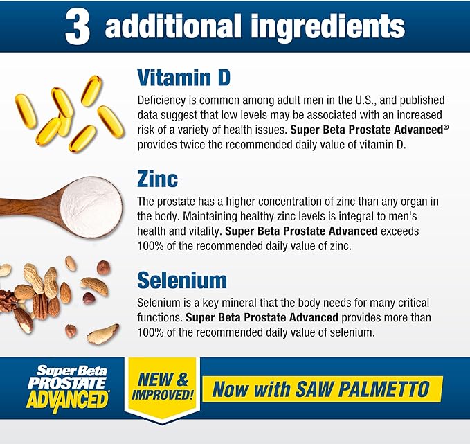 Advanced with Saw Palmetto - Prostate Health Supplements for Men, Bladder & Urinary Support with Beta-sitosterol, Reishi, Saw Palmetto, Vitamin D, Zinc Oxide, Selenium - 120 Count