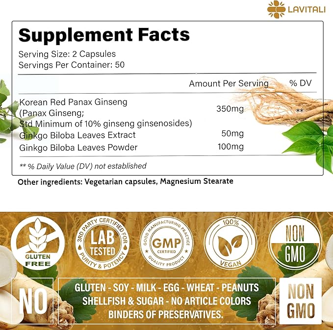 Ginseng & Ginkgo Biloba 100 Veggie Capsules, Energy Ginseng Root Extract Powder, with Ginkgo Biloba Extract, 100% Natural & Non-GMO, Vegan, Gluten Free, Dairy Free