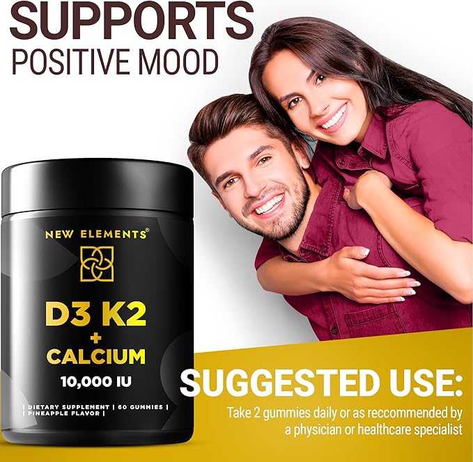Vitamin D3 K2 Gummies 10000 IU with Calcium 100mg - VIT D3 for Adults - Mk7 Vitamin K2 100mcg - Vitamin D Supplement for Men & Women - Vegan Gluten Free Non-GMO