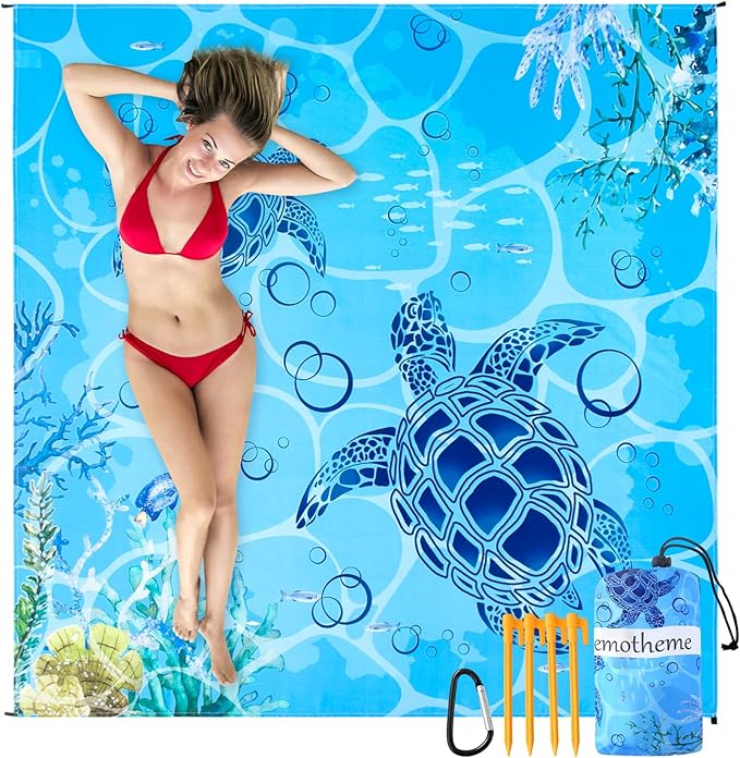 Beach Blanket, Sandproof Beach Mat 79" X 82" for 4-7 Adults, Large Waterproof Beach Blanket Quick Drying Lightweight Beach Blanket with 4 Stakes for Travel Camping Hiking (Sea Turtle)
