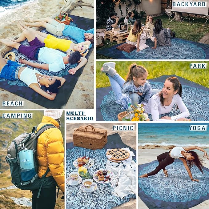 Beach Blanket Sandproof Waterproof 78''×81'' 1-5 Adults Oversized,Compact Lightweight Durable Beach Mat for Travel Camping Hiking Picnic Blanket