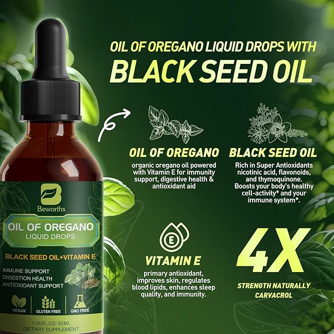 Oregano Oil Drops, Oil of Oregano with Black Seed Oil, Vitamin E, Oregano Supplement Herbal Blend for Immune & Antioxidant Support, Digestive, Overall Health | Vegan, Sugar-Free, Non-GMO, 1 Fl Oz