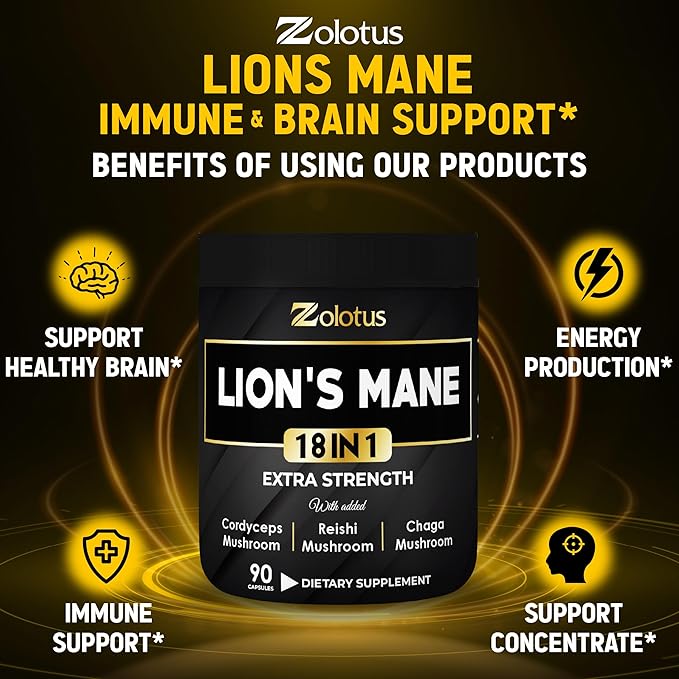 Zolotus Lions Mane Mushroom Complex Capsules with Cordeyceps, Elderberry, Ginkgo Biloba, Bacopa - 90 Capsules