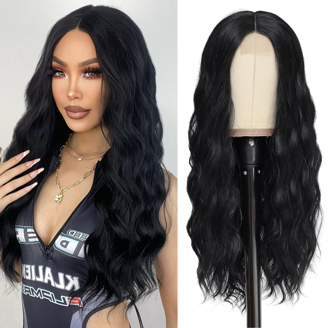 YBYMCAI Black Wig-Long Black Wavy Wigs for Women Middle Part 26 inch Natural Curly Synthetic Wig Heat Resistant Fiber Wigs for Daily Party Use