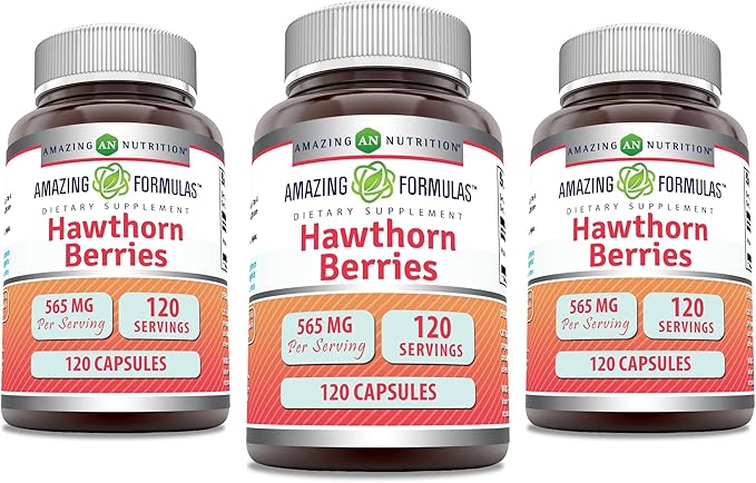 Amazing Formulas Hawthorn Berries Supplement | 565 Mg | Capsules | Non-GMO | Gluten-Free | Made in USA (3 Pack | 120 Count)