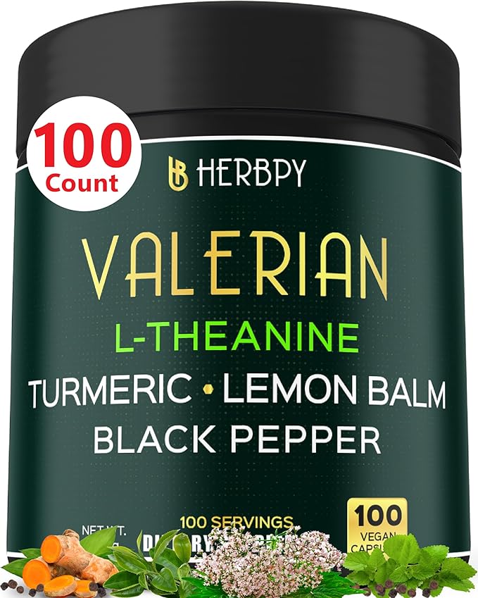 5in1 Valerian Root Capsules Plus L-Theanine, Lemon Balm, Turmeric and Black Pepper for Relaxation, Restful Night, Digestion & Immune Support - 100 Count