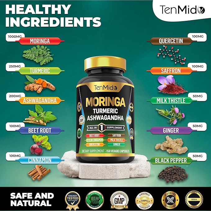 Moringa Oleifera Supplement for Men and Women, 10in1 Formula with Turmeric, Ashwagandha, Ceylon Cinnamon, Beet Root, Saffron & More - Energy, Immune Support - Nutrient Rich - 150 Capsules