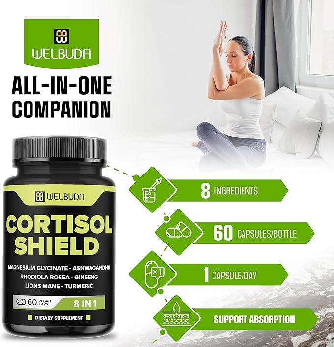 8in1 Cortisol Shield - Ashwagandha and Magnesium, Rhodiola Rosea, Lions Mane, Gingsen, and 3 More - Relaxation & Restful Night Support & Mood Balance - 60 Count
