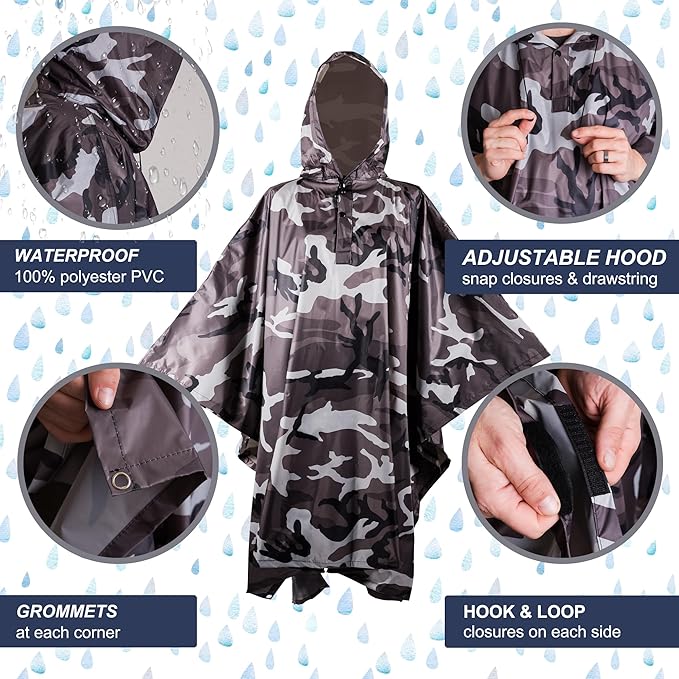 Heavy Duty Rain Poncho for Backpacking, Waterproof Lightweight for Adults, Military, Emergency, Camping, Men, Women