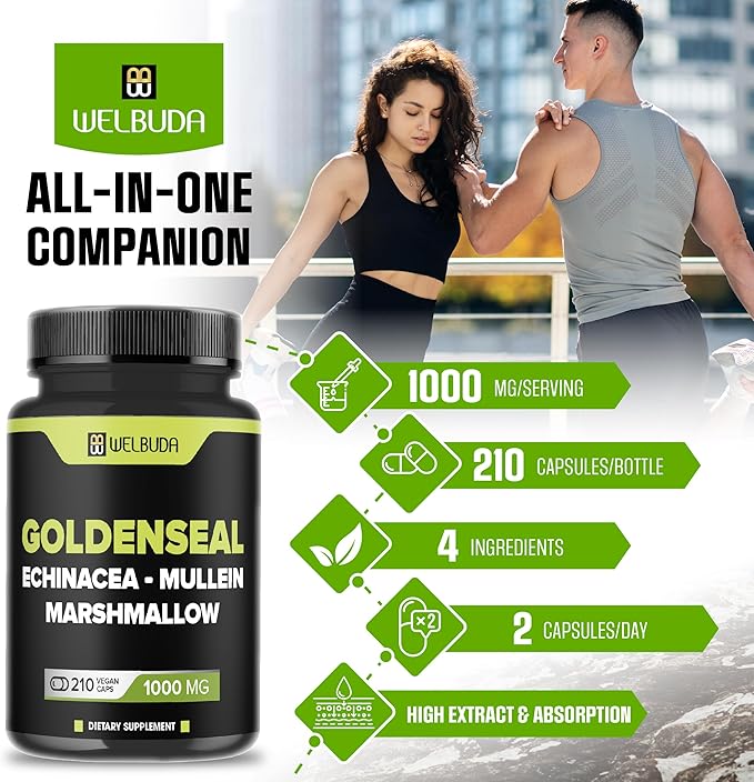 210 Capsules - Goldenseal Capsules Extract 10:1 with Echinacea, Mullein Leaf, Marshmallow - Combined Formula for Immunity, Respiratory Health, Digestion, Overall Well-Being, Body Management Support