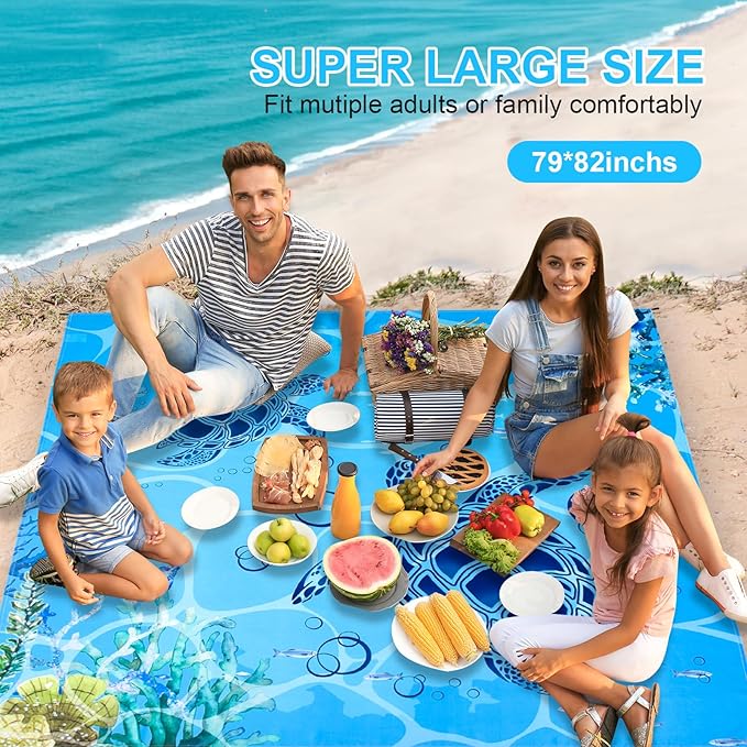 Beach Blanket, Sandproof Beach Mat 79" X 82" for 4-7 Adults, Large Waterproof Beach Blanket Quick Drying Lightweight Beach Blanket with 4 Stakes for Travel Camping Hiking (Sea Turtle)