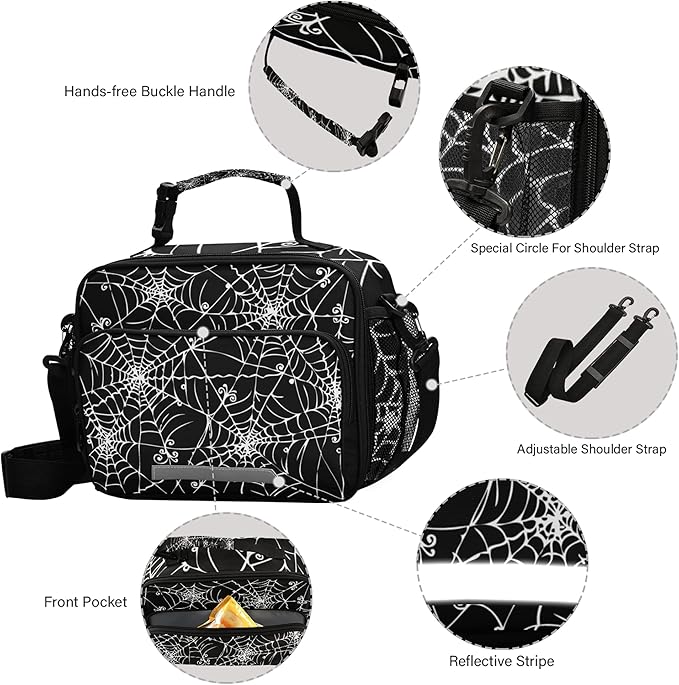 Halloween Spider Web Lunch Bag Insulated Black Lunch Box Cooler Cooling Tote Food Container for Adults Men Women