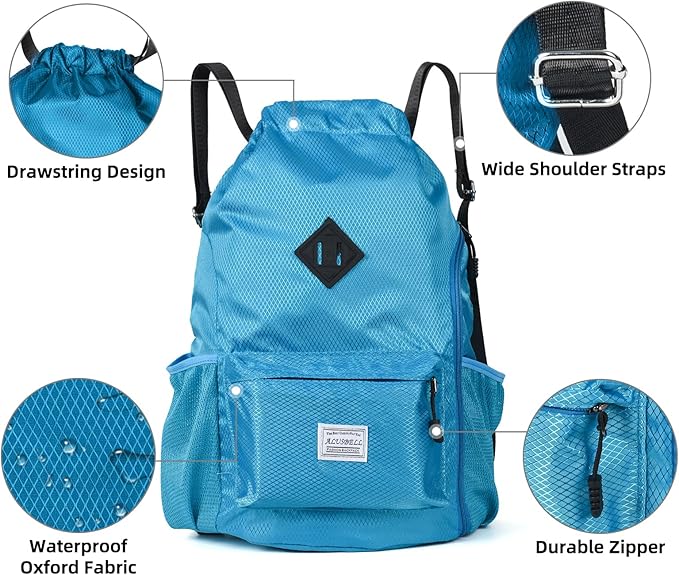 ALUSBELL Large Drawstring Backpack Bag, Sports Gym Bag String Sackpack with Shoes Compartment, Waterproof String Bag Cinch for Women Men(Lake Blue)