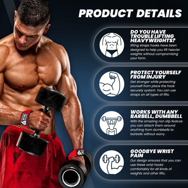 Detroy® Lifting Wrist Straps for Weightlifting, Deadlifts, Bodybuilding, Powerlifting, Gym Strength Training Workouts - Padded Neoprene with 24 inch Webbing Cotton with Silicone Grip for Men & Women (Red)